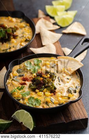 Grilled Poblano And Corn Dip With Homemade Tortilla Chips
