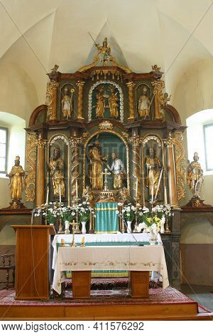 SVETI PETAR MREZNICKI, CROATIA - JULY 14, 2013: High altar in the parish church of St. Peter in Sveti Petar Mreznicki, Croatia