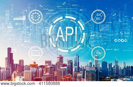 Api - Application Programming Interface Concept With Downtown Chicago Cityscape Skyscrapers