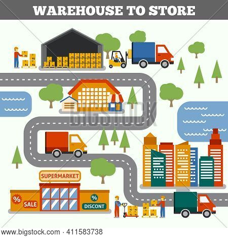 Warehouse To Store Transportation Cargo Delivery And Logistic Concept Vector Illustration