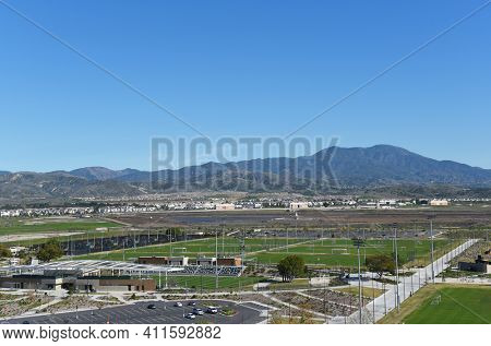 IRVINE, CALIFORNIA - 31 JAN 2020: Aerial View of the Soccer Stadium and fileds wieh Saddleback Peak in the background.