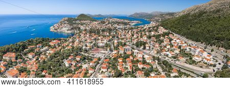Aerial Panorama Drone Shot Of West Dubrovnik Town By Adriatic Sea In Croatia Summer Noon