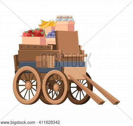 Wooden Wagon With Products. Old Style Carriage Farm Vehicles With Big Wheels Garish Vector Isolated 