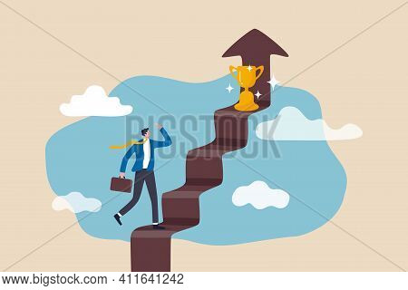 Business Success, Goal And Achievement Concept, Businessman Walking Up Staircase With Rising Arrow I