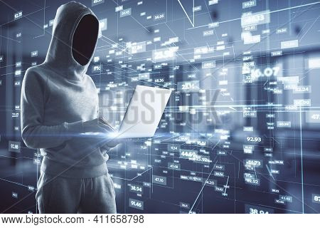 Big Data Security Concept With Noface Hacker With Laptop And Digital Virtual Space With Glowing Numb