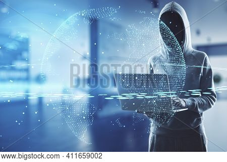 Data Protection Privacy Concept With Digital Earth Planet With Satellite Layout On Backdrop With Nof