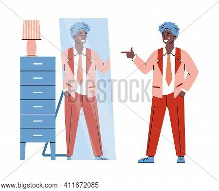 Confident Self-satisfied Young Man Smiling To His Reflection In Mirror, Cartoon Vector Illustration 