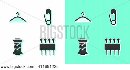 Set Needle For Sewing, Hanger Wardrobe, Sewing Thread And Safety Pin Icon. Vector
