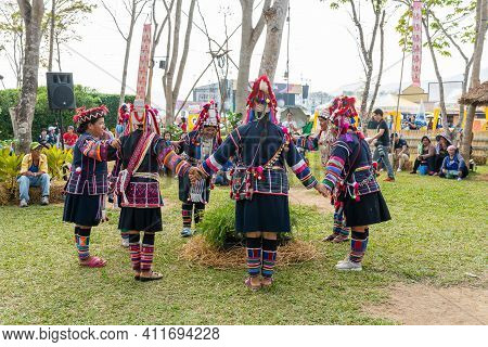 Chiangrai, Thailand - February 16, 2019: Beautiful Hill Tribe Girls In Black And Red  Traditional Co