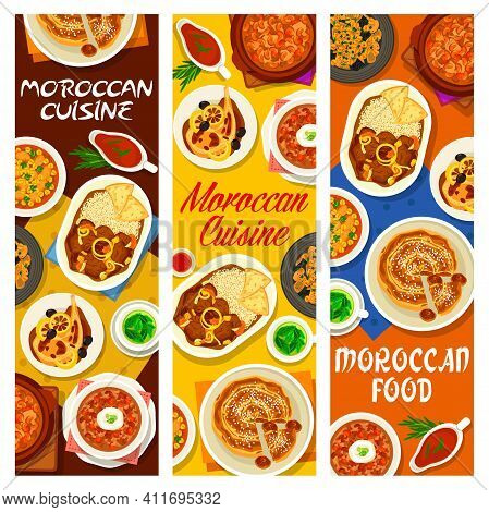 Moroccan Cuisine Cafe Food Meals Banners. Chicken Tomato Soup, Fig Almond Pie And Lamb Stew With Dat