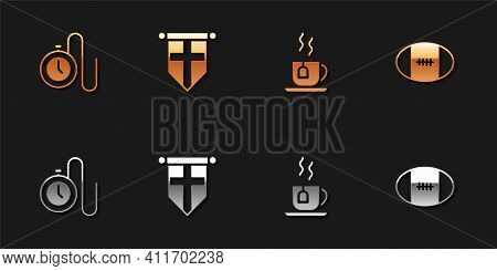 Set Watch With A Chain, England Flag On Pennant, Cup Of Tea Tea Bag And Rugby Ball Icon. Vector