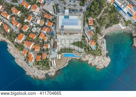 Dubrovnik, Croatia - Aug 22, 2020: Aerial Ovheard Drone Shot Of Rixos Premium Resort Hotel Empty In 