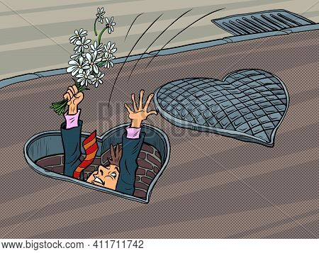 A Man In Love Was Going On A Date And Fell Into A Manhole, Valentines Heart Holiday. Cartoon Comic B