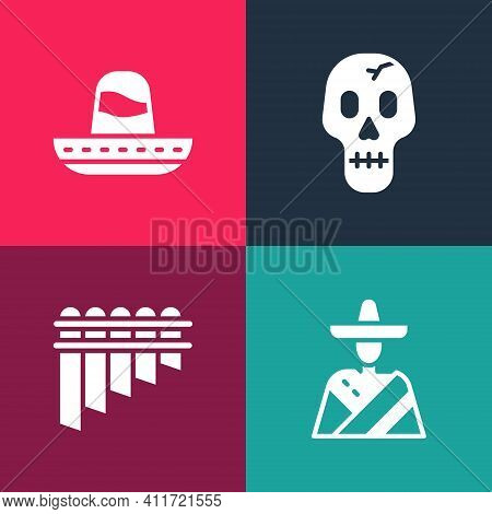 Set Pop Art Mexican Man Sombrero, Pan Flute, Skull And Icon. Vector