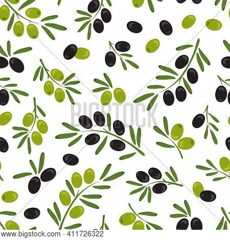 Olive Branch Leaf Vector Seamless Patetrn, Italian Fruits, Green And Black Olive Background, Hand Dr
