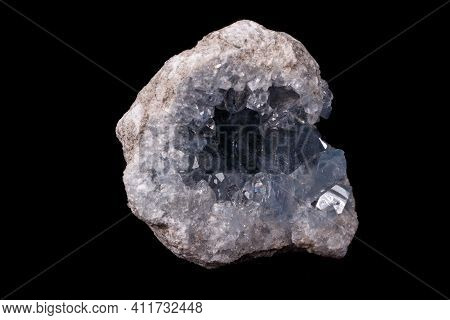Celestine Mineral Stone Macro On Microcline On Black Background