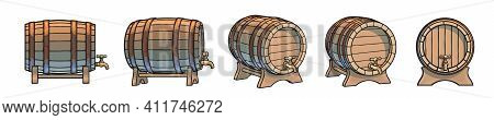 Set Of Wooden Barrels With Taps On Stands In Different Positions. Vector Illustrations Isolated On W