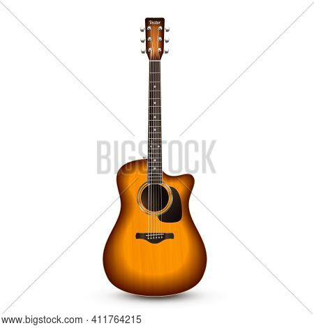 Realistic Wooden Acoustic Guitar Isolated On White Background Vector Illustration