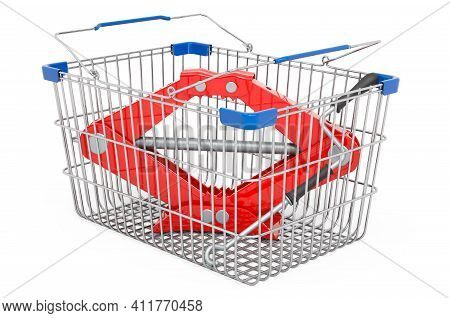 Shopping Basket With Screwjack, 3d Rendering Isolated On White Background