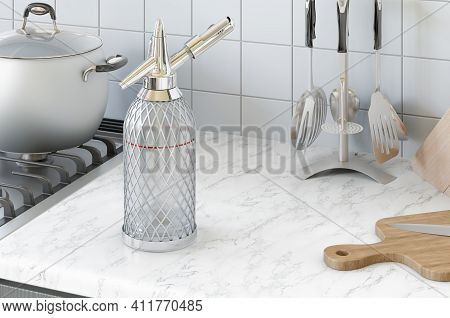 Siphon Seltzer Bottle On The Kitchen Desk, 3d Rendering