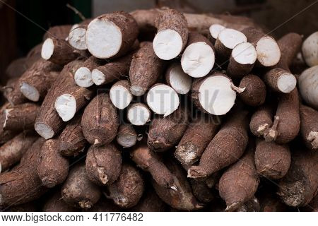 Organic Cassava (manioc, Manioc, Cassava, Brazilian Cuisine) Cut Into Pieces.