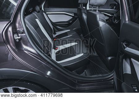 Novosibirsk, Russia - March 2 2021: Lada Vesta, New Car Inside. Clean Car Interior. Black Back Seats