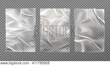White Wet Paper, Bad Glued Wheatpaste Set. Wrinkled And Creased Sheets With Crumpled Texture Isolate