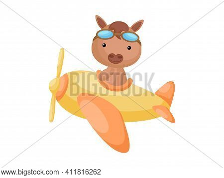 Little Horse Wearing Aviator Goggles Flying An Airplane. Funny Baby Character Flying On Plane For Gr