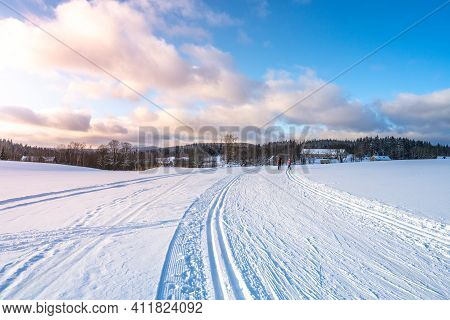 Cross Country Skiing Track On Sunny Winter Day. Freezy Snowy Landscape Of Jizera Mountains, Czech Re
