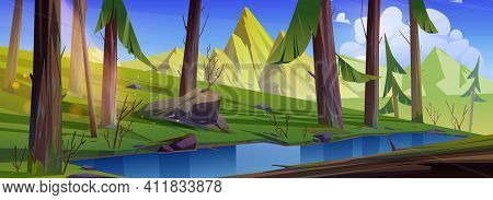 Mountain Landscape With Forest And Water Stream. Vector Cartoon Illustration Of Summer Coniferous Wo