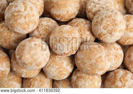 Tasty Homemade Gingerbread Cookies As Background, Top View