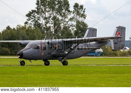 Darlowo, Poland - Aug 22, 2014: Polish Navy Pzl M28 Skytruck Plane Taxiing Before Taking Off. The M2