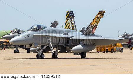 Zaragoza, Spain - May 20, 2016: Swiss Air Force Mcdonnell Douglas F/a-18 Hornet Fighter Jet On The T