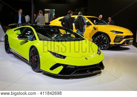 Lamborghini Huracan Performante Hypercar And Lamborghini Urus Suv Car At The Paris Motor Show In Exp