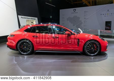 Porsche Panamera Gts Sports Car Showcased At The Brussels Autosalon Motor Show. Belgium - January 18