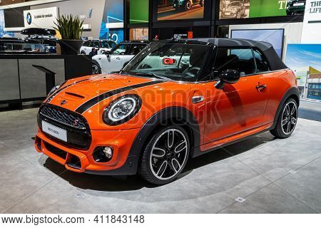 Mini Cooper Cabrio Car Showcased At The Brussels Autosalon Motor Show. Belgium - January 18, 2019.