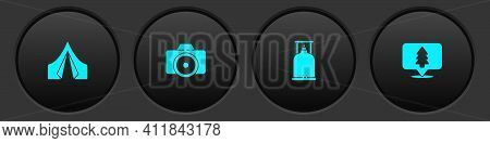Set Tourist Tent, Photo Camera, Camping Gas Stove And Location Of The Forest Icon. Vector