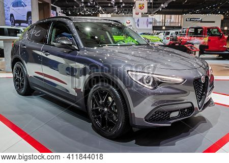 Alfa Romeo Stelvio Car At The Brussels Autosalon Motor Show. Belgium - January 18, 2019.