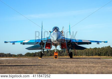 Kleine Brogel, Belgium - Sep 14, 2019: Ukrainian Air Force Sukhoi Su-27 Flanker Fighter Jet Aircraft