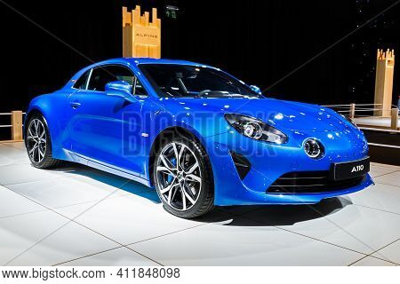 Alpine A110 Sports Car At The Autosalon 2020 Motor Show. Brussels, Belgium - January 9, 2020.