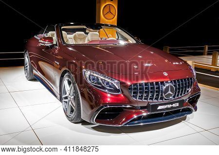 Mercedes-amg S63 Cabriolet Sports Car At The Autosalon 2020 Motor Show. Brussels, Belgium - January 