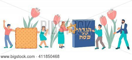Jewish Passover Holiday Banner Or Site Background Template With Happy Family Characters. Text On Heb