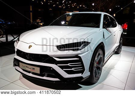 Brussels - Jan 18, 2019: Lamborghini Urus Suv Car Showcased At The 97th Brussels Motor Show 2019 Aut