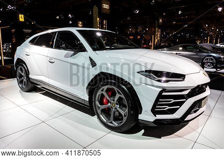 Brussels - Jan 18, 2019: Lamborghini Urus Suv Car Showcased At The 97th Brussels Motor Show 2019 Aut