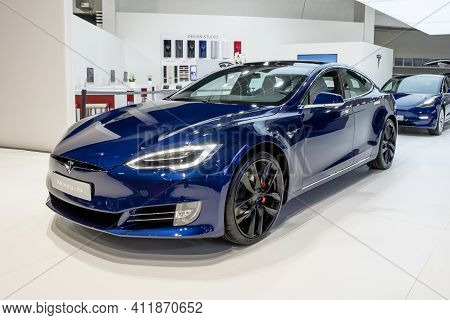 Brussels - Jan 18, 2019: Tesla Model X Electric Car Showcased At The 97th Brussels Motor Show 2019 A