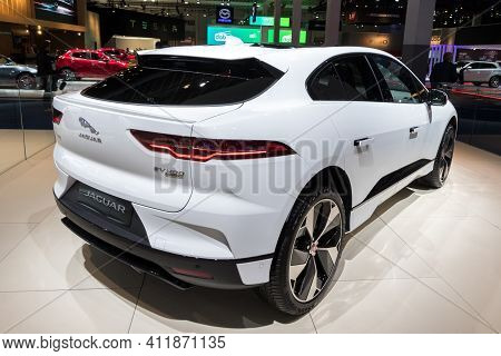 Brussels - Jan 18, 2019: Jaguar I-pace Ev400 Electric Suv Car Showcased At The Brussels Motor Show 2