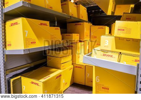 Brussels - Jan 18, 2019: Dhl Delivery Van Showcased At The 97th Brussels Motor Show 2019 Autosalon.