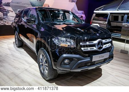 Brussels - Jan 18, 2019: Mercedes Benz X-class Luxury Pickup Truck Showcased At The 97th Brussels Mo