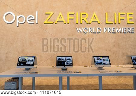 Brussels - Jan 18, 2019: Apple Imac Computers With Information About The New Opel Zafira Life Car At