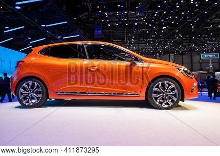 Geneva, Switzerland - March 5, 2019: New Renault Clio Car Showcased At The 89th Geneva International